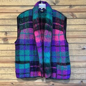 Vintage Lena Rewell Women’s Mohair Wool Bright Colors Leather Trim Vest Finland